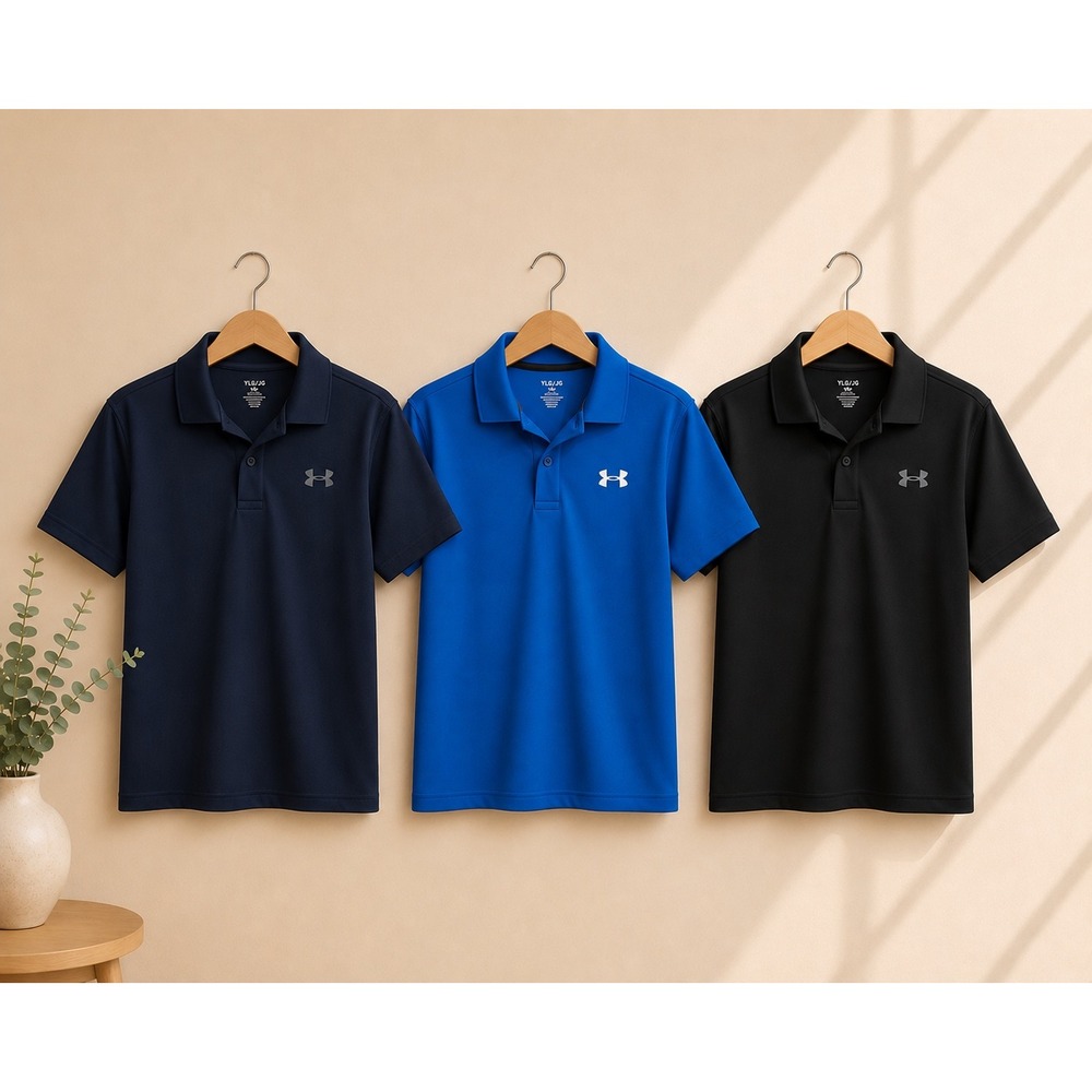 Under Armour Boys Short Sleeve 3 Polo Shirt Youth Large Bundle Navy, Blue, Black